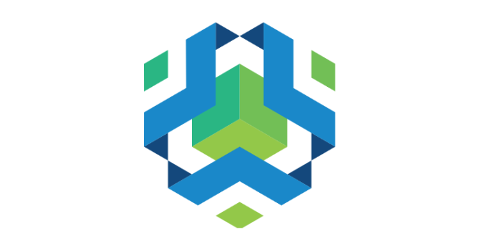 A box in green with blue wrapping around also boxed. Can be intrepreted as different layers of a complex system.